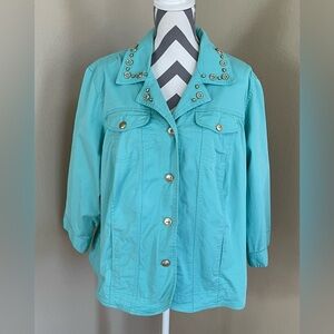 Teal Button Up Jacket w/ Bead Details - Heart of Palm - Size: 18W